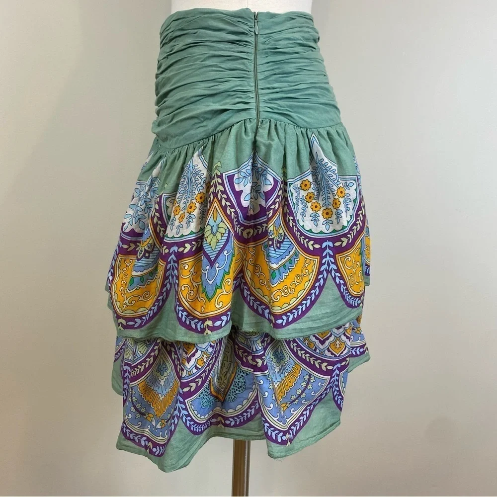 Anthropologie LetMeBe Tiered Bohemian Mini Skirt Sz S Lined‎ Ruched Waist Fairy